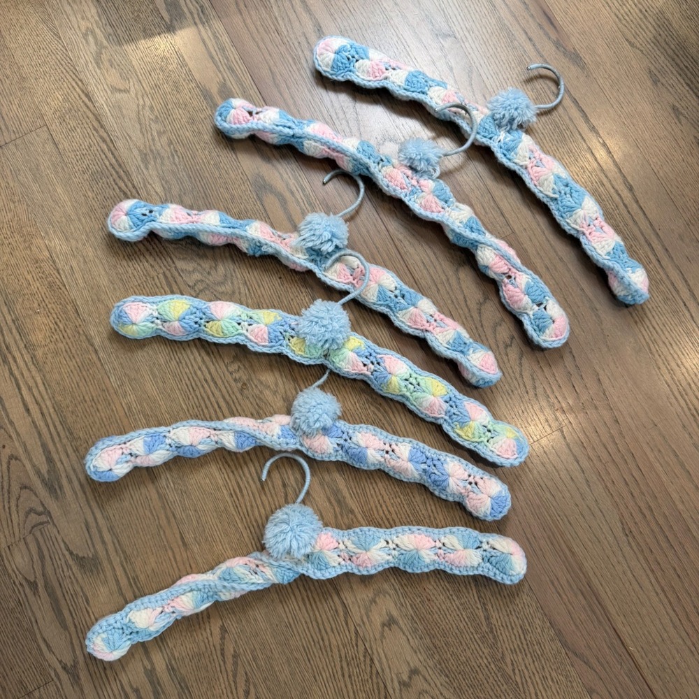 Set of 6 Crochet Clothes Hangers Pastel Blue Pink White Pompom Vintage Granny
